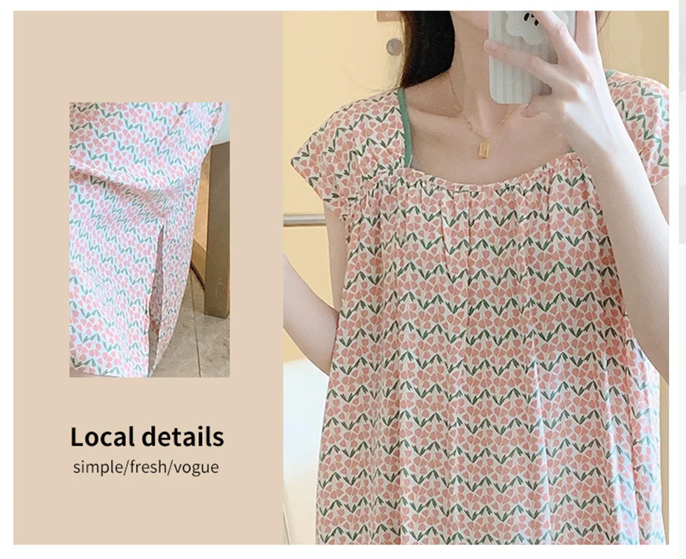 Square Neck Short Sleeve Attractive Nightwear New In Women's Sleepwear Big Size Clothing Thin Loose Nightgown Printing Homewear