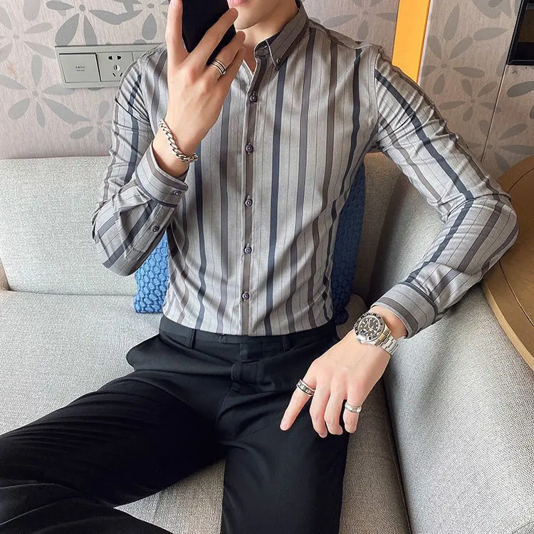 Men's shirt long sleeve Korean slim handsome English casual stripe shirt men's business non-iron fashion inch shirt