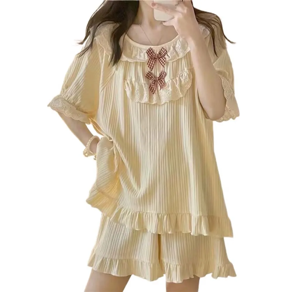 Женские пижамы с короткими рукавами и бантом комплект ночного белья