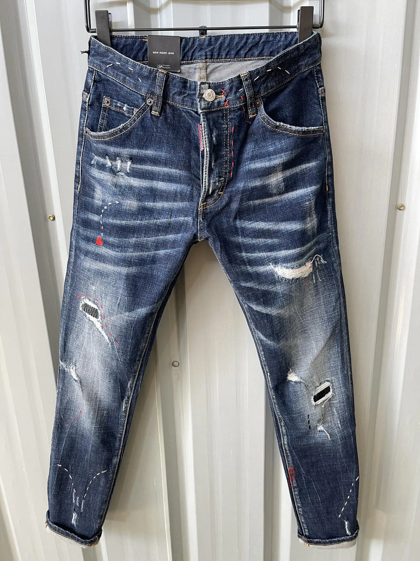 

22 Hot selling denim trousers for men Slim casual Slim elastic Light color patch Paint white dots Fresh feet d2 jeans 096
