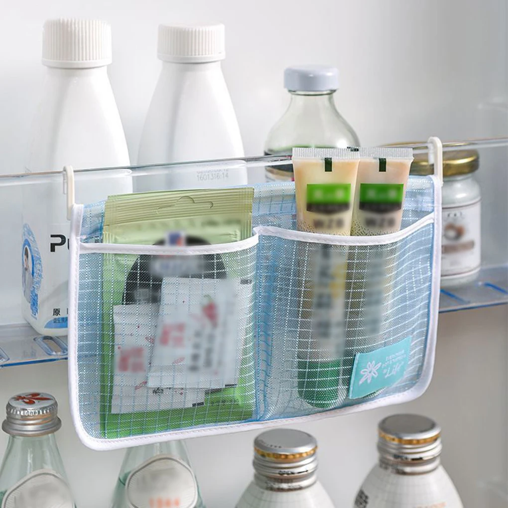 

1/2pcs Refrigerator Storage Mesh Bag Portable Seasoning Food Snacks Net Bag Double Compartment Hanging Bag Kitchen Accessories