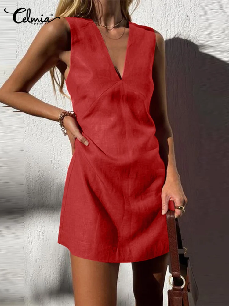 

Sexy Party Sundress Fashion Women Sleeveless Mini Dress Celmia Summer 2023 Casual Loose V Neck Stitching Solid Short Vestidos
