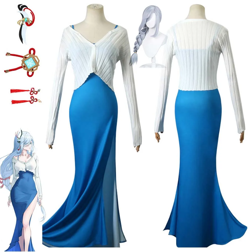 

Genshin Impact Shenhe Cosplay Costume Wig Outfits Fantasia Women Halloween Carnival Suit for Adult Girls Disguise
