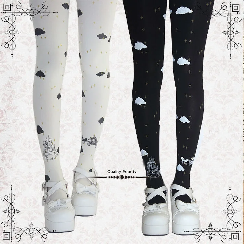 Kawaii Lolita Stockings Sky Carriage Castle Clouds Printed Womens Velvet Tights Pantyhose Harajuku Mori Girls Socks 120D 5 Color