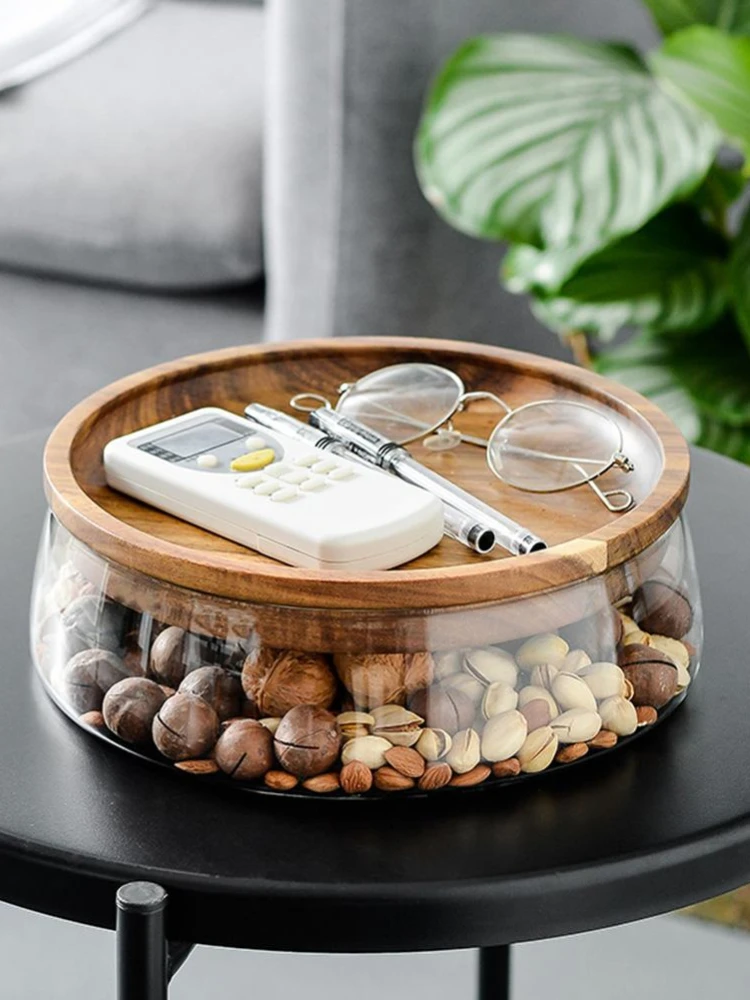 

Glass Fruit Plate Bowl Wood Nut Dried Storage Box Container Candy Storage Box Fruit Tray with Wooden Lid for Home Kitchen Plates