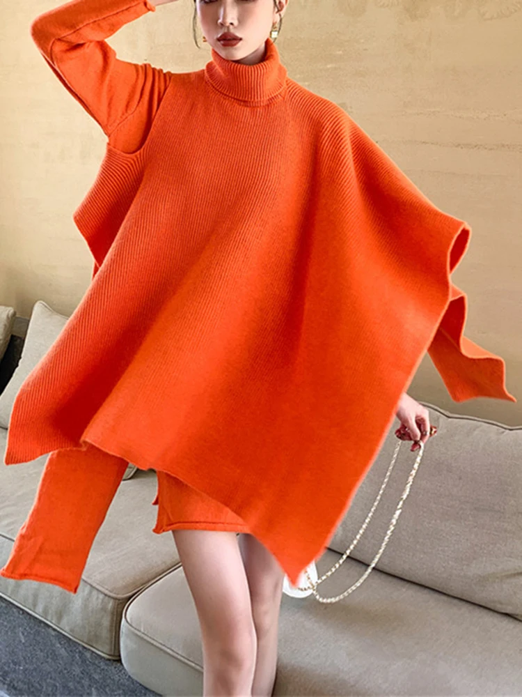 DEAT Элегантный вязаный комплект из 2 предметов водолазка свободный плащ