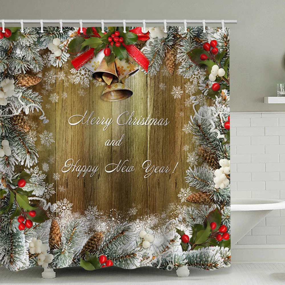 

Xmas Tree Bells Fireplace Shower Curtain Christmas Pine Branch Berries Snowflake Bathroom Bath Curtains Waterproof with