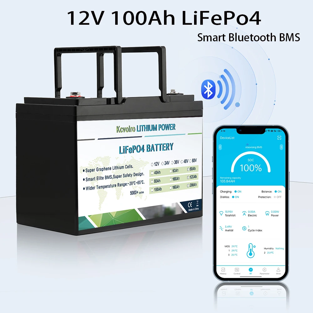 

Kcvolro 12V 100Ah LiFePO4 Bluetooth Lithium Iron Phosphate Battery 6000 Cycles Lithium Battery for RV Camping, Solar Home System