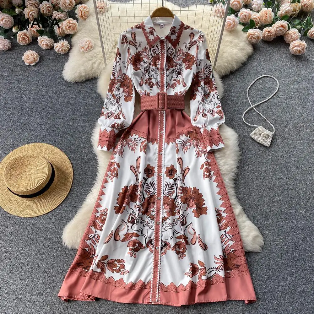 

High Quality Luxury Shirt Dress Women Spring Autumn Polo Neck Long Sleeve Button Vintage Floral Print Elegant Runway Maxi Dresse