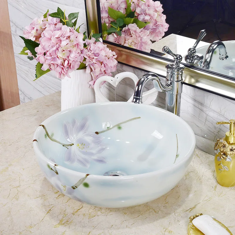 

China Painting rose Ceramic Painting Art Lavabo Bathroom Vessel Sinks Round countertop decorative sink bowls bathoom sinks