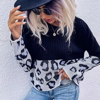 2022 new womens leopard print round neck stitching long sleeved sweater womens autumn clothes womens fashion and sexy