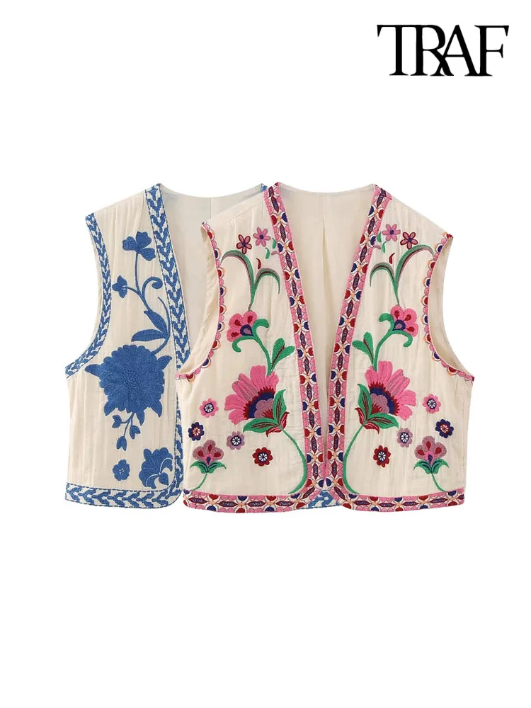 

TRAF Women Fashion Floral Embroidery Waistcoat Vintage Sleeveless Front Open Female Outerwear Chic Vest Tops