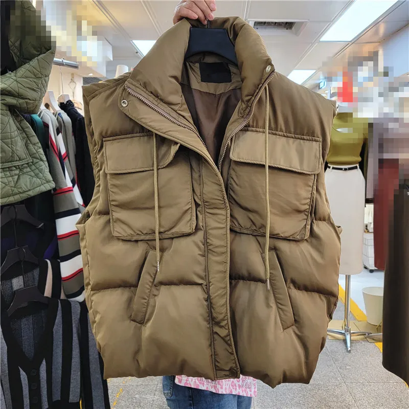 

Winter Cotton Vest Women Sleeveless Jacket Big Pocket Stand Collar Waistcoat Thick Warm Black Brown Zipper Down Cotton Outerwear