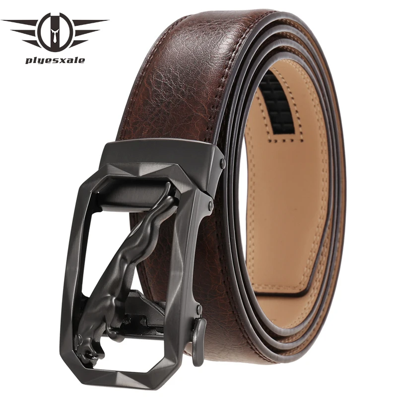 

Plyesxale Cowskin Genuine Leather Men Belt Designer Luxury Leopard Ratchet Strap Belt With Metal Buckle Mens Belts Casual G1281