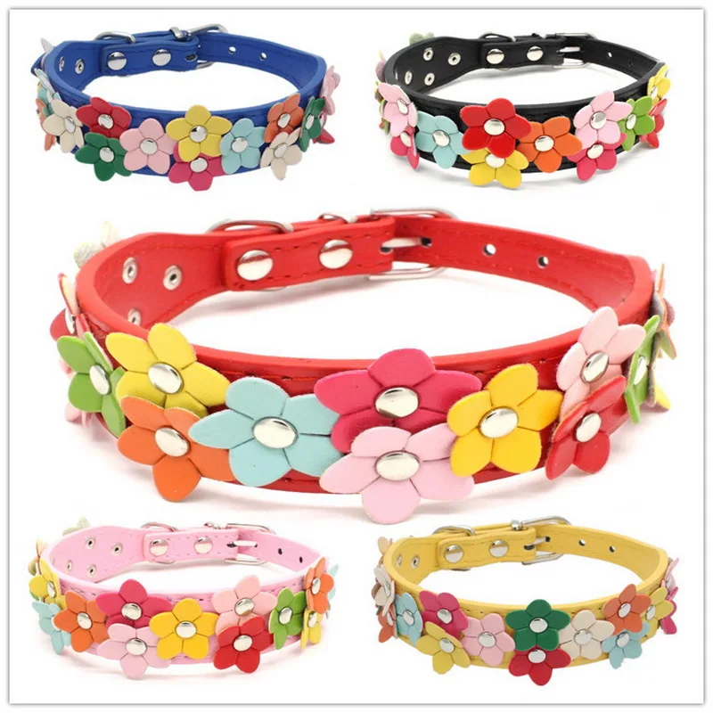 

KATEPET Hot Selling PU Colorful Double Row Flower Pet Collar Adjustable Leather Cat Dog Traction Rope Neck Circle Drop Shipping