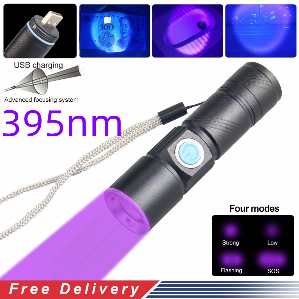 

395nm UV Lamp USB Rechargeable Ultraviolet Flashlight 3 Mode Powerful Mini UV LED Torch Telescopic Zoom Light Black Flashlight