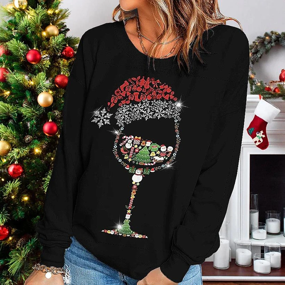 Купи 3D Wine Glasse Printing Long Sleeve T-shirt Christmas Element Women's Tops Fashion Leisure Style Pullover Family Party Clothing за 479 рублей в магазине AliExpress