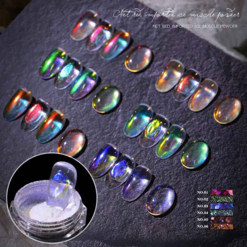 

Holo Ice muscle Nail Glitter Mirror Aurora Neon Powders Dust Chameleon Nail Art Chrome Pigment Dipping Powder Decals