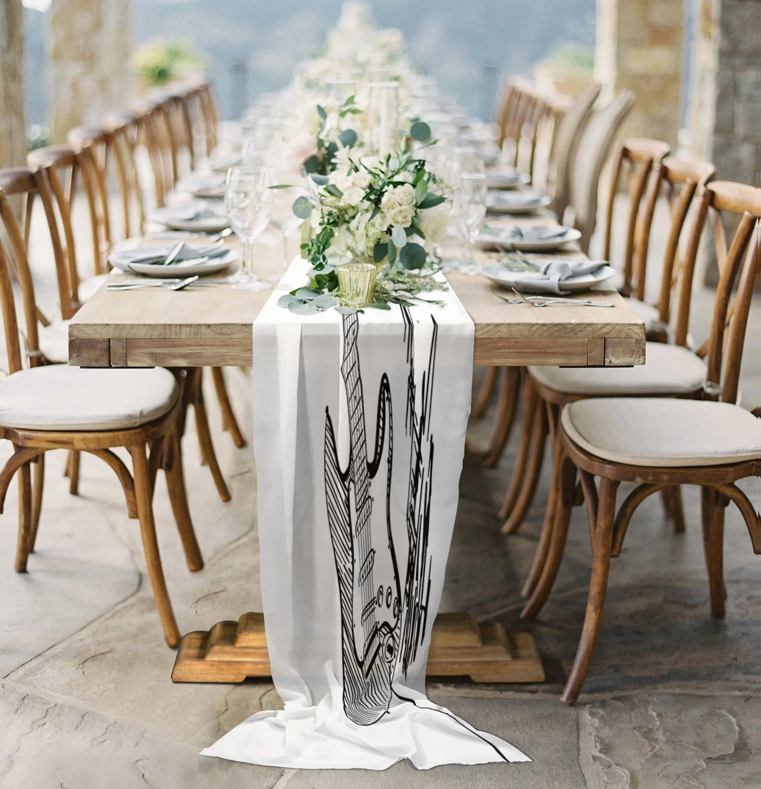 

Artistic Black And White Guitar Music Sheer Chiffon Table Runner Wedding Party Birthday Luxury Voile Tablecloth Home Decoration