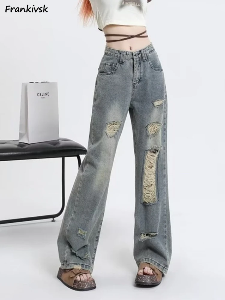 

Ripped Jeans Women American Style Retro Hole Full Sleeves Y2k Casual Baggy Summer All-match Chic High Street Denim Trousers New