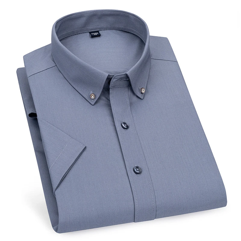 Rhinestone Shirt Bamboo Fiber Elastic Short Sleeve Shirt Men Summer Comfort Soft Work Easy Care White Shirt Man Casual Business