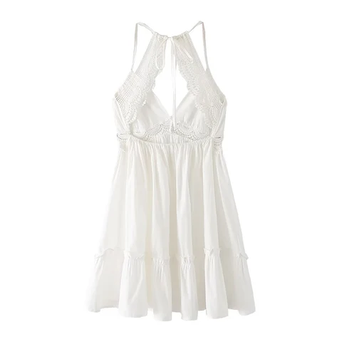 PB&ZA Women Mini Dress Neck-mounted White Dresses Sexy Backless Lace Beach Party Solid Holiday Mujer Vestidos Summer Clothes