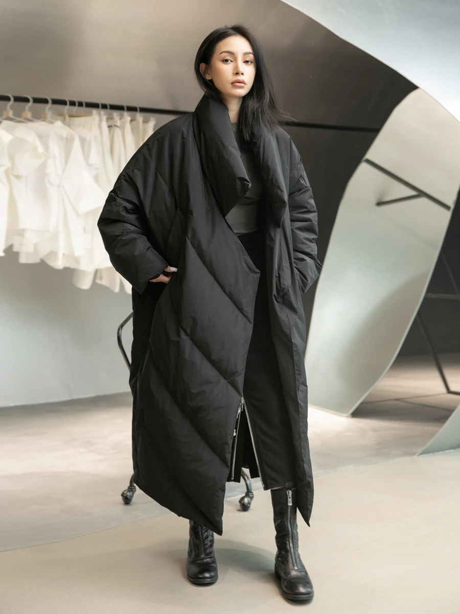 2023 New Stylish Women Duck Down Overcoat Loose High Street Fashion Ladies Winter Clothes Outerwear Long Parkas Black Oversized