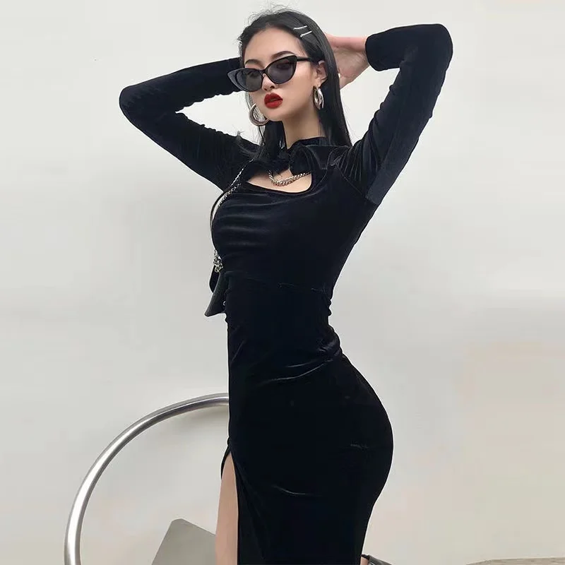 

2021 Sexy Club Midi Dress A-line Dresses Front Hollow Out Neck Long Sleeve Buckle Side High Split Hem Party Dress Punk Gothic