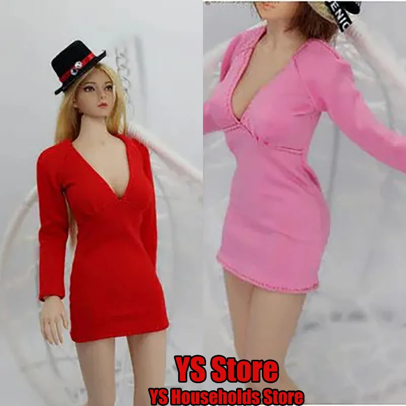 

In Stock 1/6 Women Soldier Dress Slim Deep V Neck Red Long-Sleeved Tight Short Hip Wrap Skirt For 12'' Girl Action Figure Body