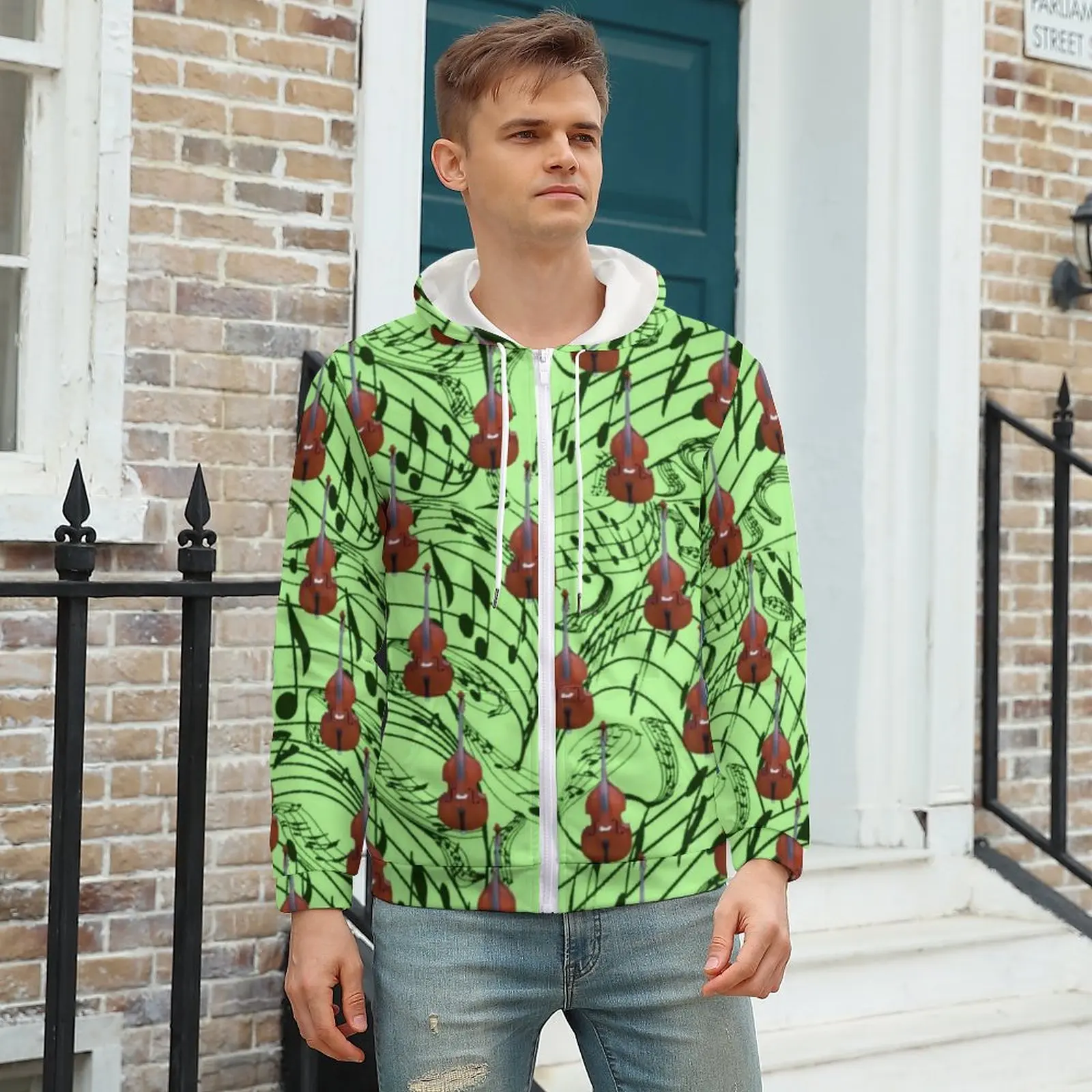 

Green Music Notes Loose Hoodies Guitars Print Street Style Pullover Hoodie Autumn Long Sleeve Hip Hop Design Hooded Sweatshirts