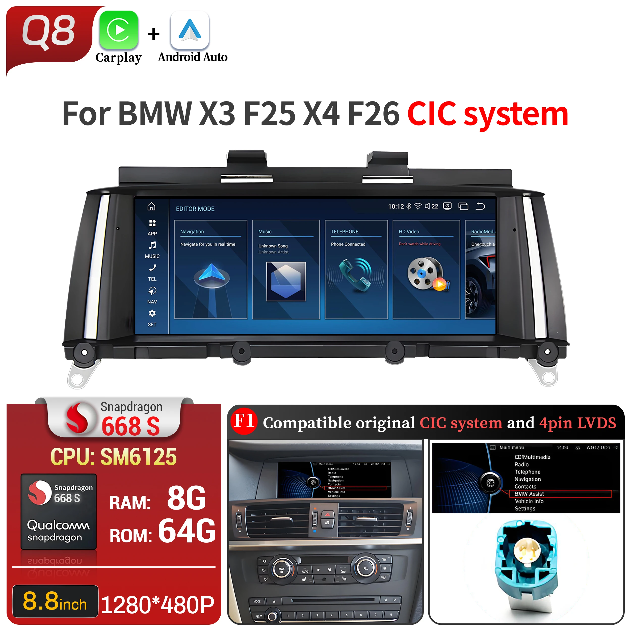 

8,8-дюймовый Android 14 для BMW X3 F25 X4 F26, автомобильная магнитола с 4G, беспроводным Bluetooth, CarPlay, процессором Qualcomm Snapdragon 680, сенсорным экраном