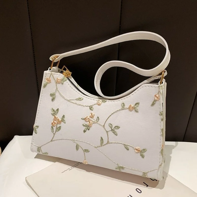 

Summer Lace Floral Stitching Shoulder Bag for Women 2023 Soft PU Leather Underarm Bags Beach Travel Handbag Girls Small Tote Bag