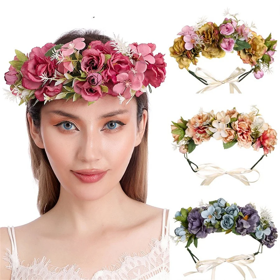 

New bridal headdress Bohemian Flower Crowns Beach Hawaii Floral Garland Romantic Faux Rose Wedding Wreaths New Flower Headband