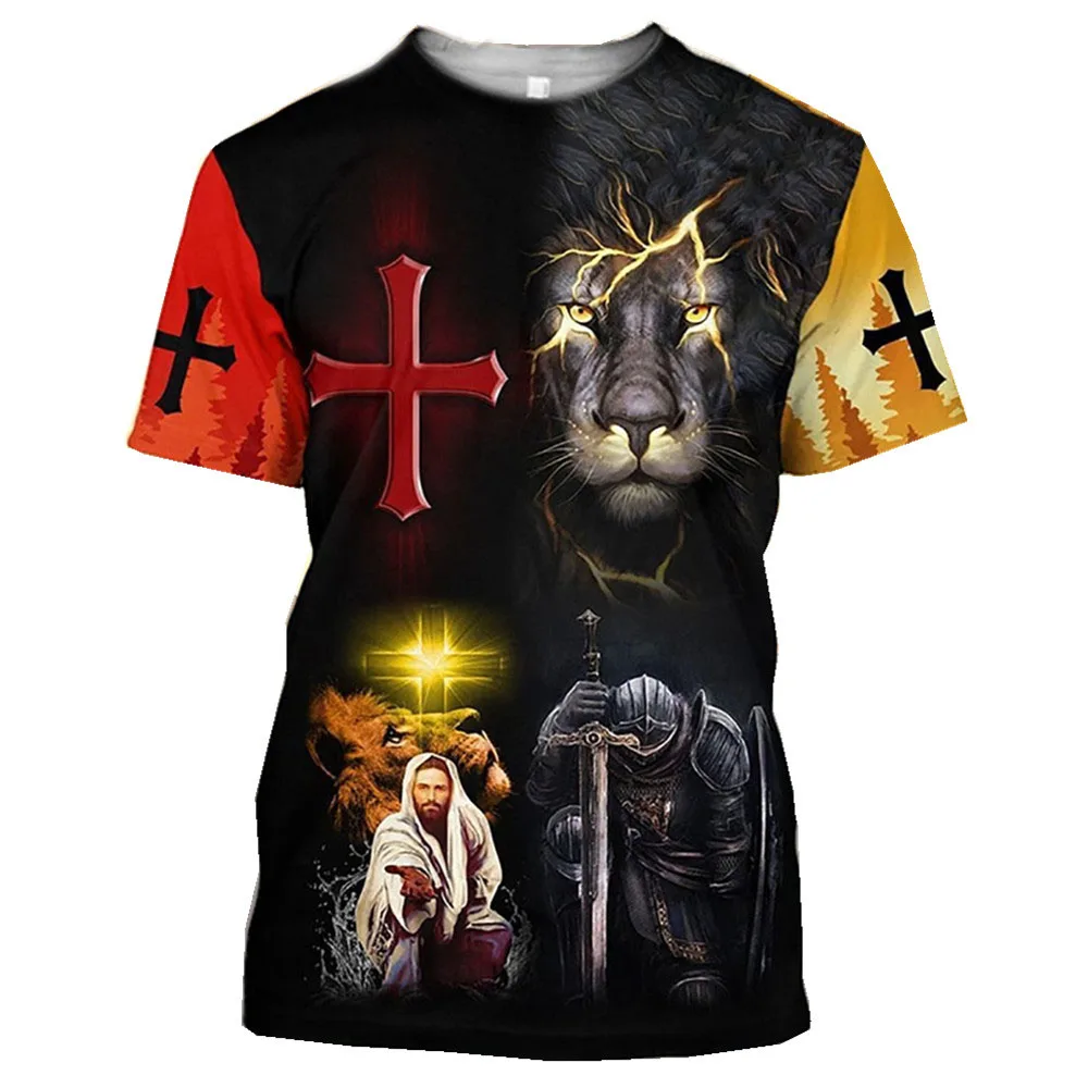

Summer Men T-Shirts Religion Christ Jesus Print Summer Streetwear O-Neck Short Sleeve Oversized Casual Lion Harajuku Loose Tops