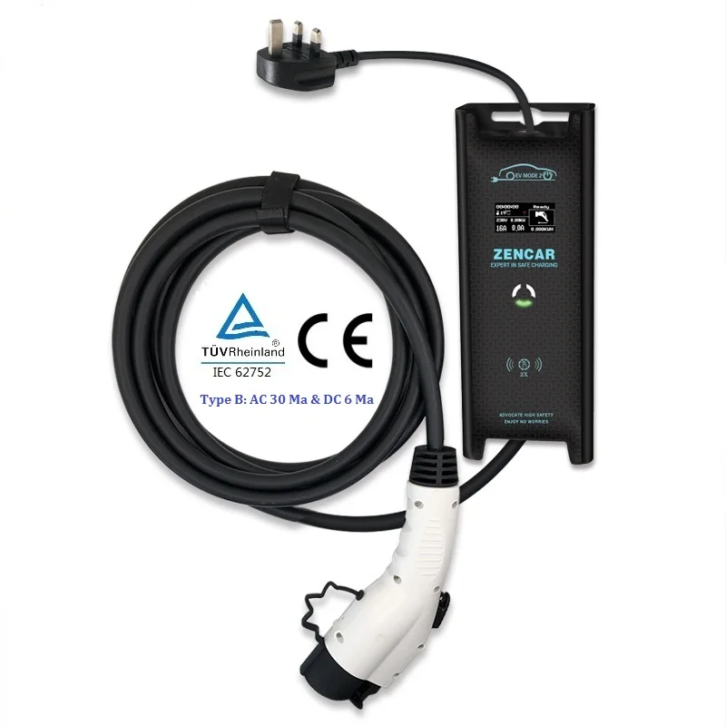 

TUV Zencar Type B DC 6mA 10A EVSE Level 2 ev portable mobile charger with UK plug