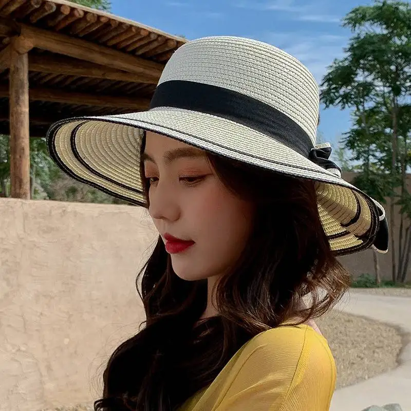

CANZE Summer Korean Girl Straw Hat Women Hat Outdoor Beach Sunscreen Foldable Sun Hat