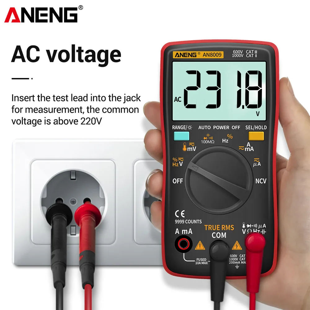 AN8009 Digital Multimeter 9999 Counts True-RMS Transistor Capacitor Tester Auto Electrical Rm409b Lo Z Temp Meter Test