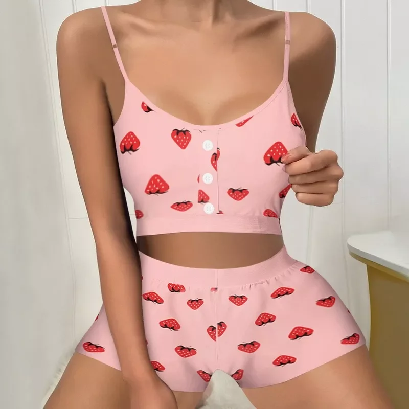 

Women's 2 Pieces Kawaii Strawberry Print Frill Hem Cami Pajama Set 2021 Femme Cute Crop Top & Shorts Suits Lady Sleepwea