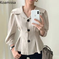 koamissa spring autumn women solid blouse single breasted chic korean shirt ruffles 2022 notched slim dropshipping fold vestidos