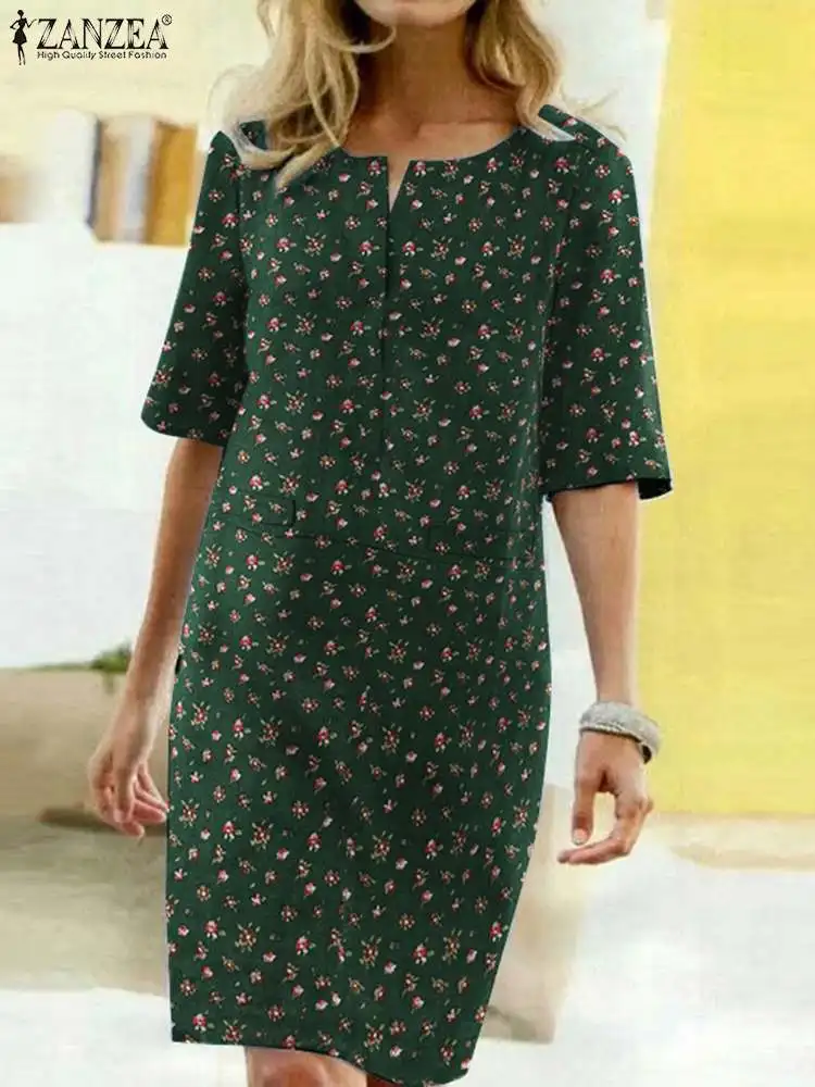 

Women Casual Short Sleeve Floral Printed Sundress 2022 Summer Bohemian Cotton Vestidos ZANZEA Elegant V Neck Dress Holiday Robe