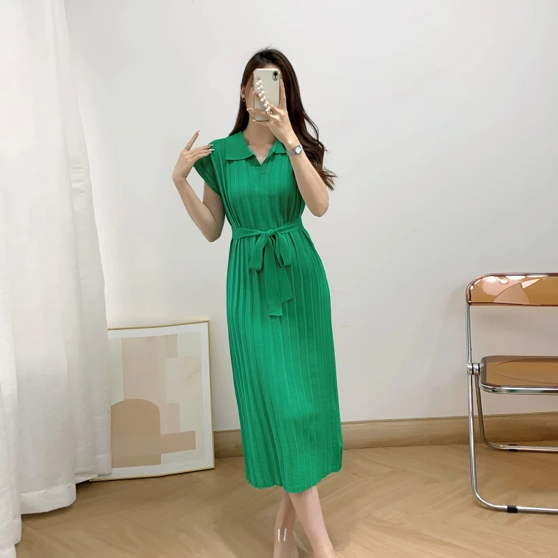 

New Kintted Polo Collar Long Dress Women Summer Short Sleeve Casual Loose Lace Up Slim Vintage Dresses Office Lady Vestidos