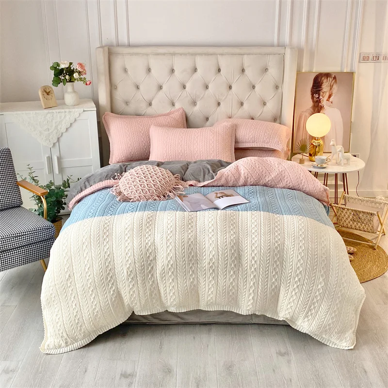 

Winter Warm knitting Velvet Fleece Princess Bedding Shaggy Duvet Quilt Cover Bed Comforter Set Bedspread Blanket 4Pcs