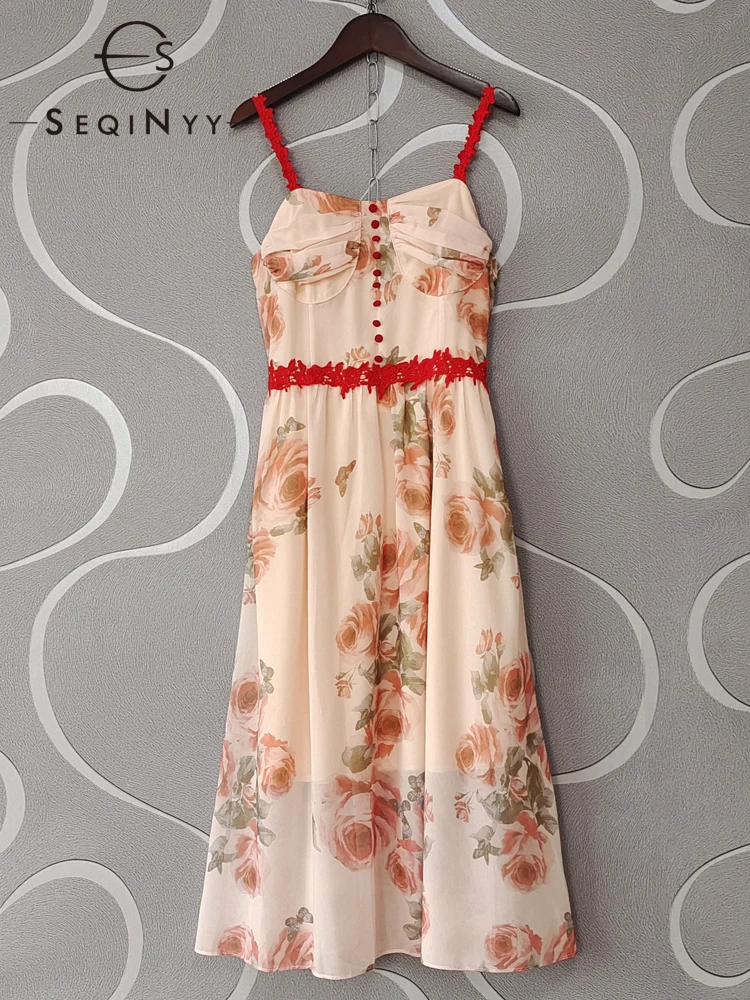 

SEQINYY Sweet Midi Dress Summer Spring New Fashion Design Women Runway Red Lace Vintage Flowers Print Organza Ball Gown Party