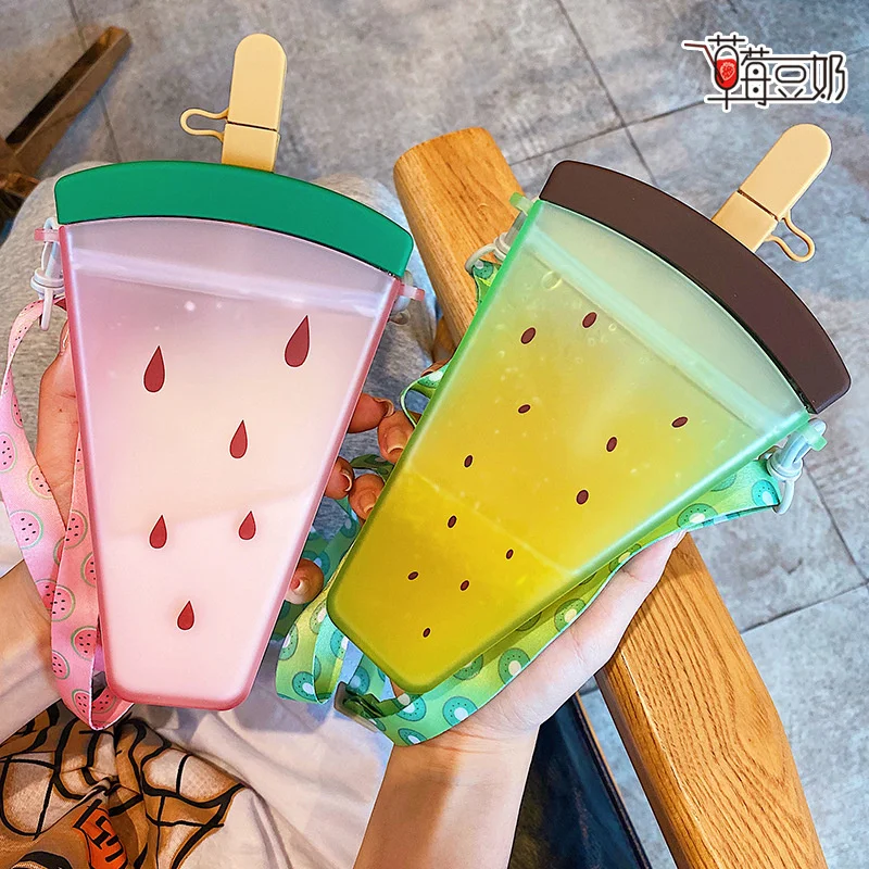 

320ML Plastic Water Bottles Cute Watermelon Ice Cream Water Bottle with Straw Bottle Anti-fall Portable Popsicle Cup Kids Water