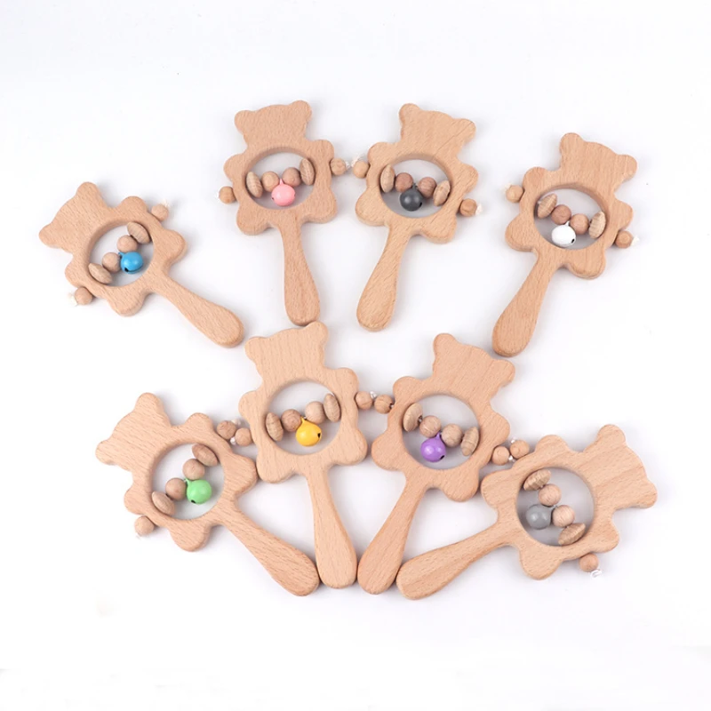 

Beech Wood Baby Rattles Toys Bear Hand Teething Wooden Ring Can Bite Chew Beads Baby Rattles Play Gym Montessori Stroller Toys