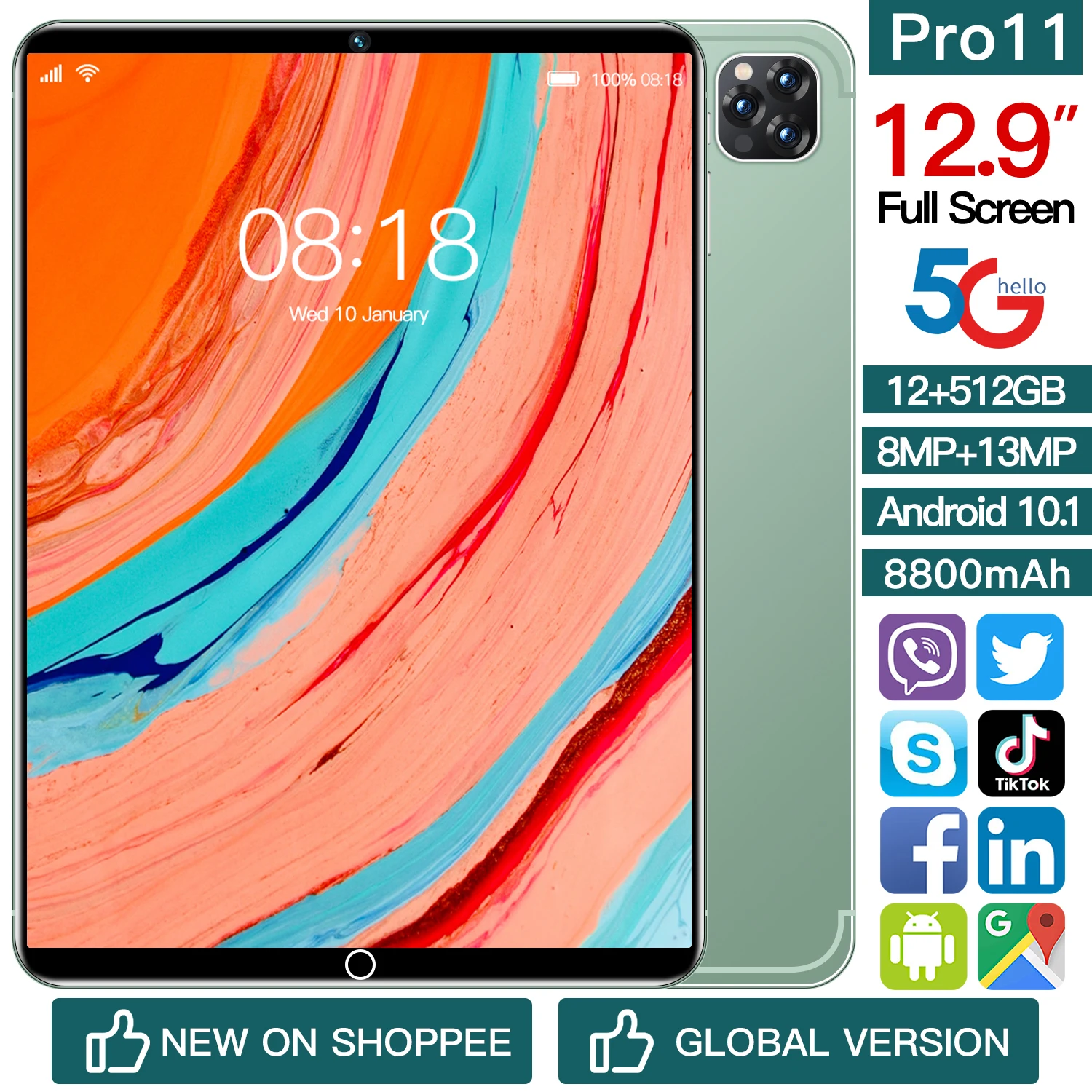 

Планшет с 10,1-дюймовым дисплеем, Android 10, 2 Sim-карты, 12,9 мАч