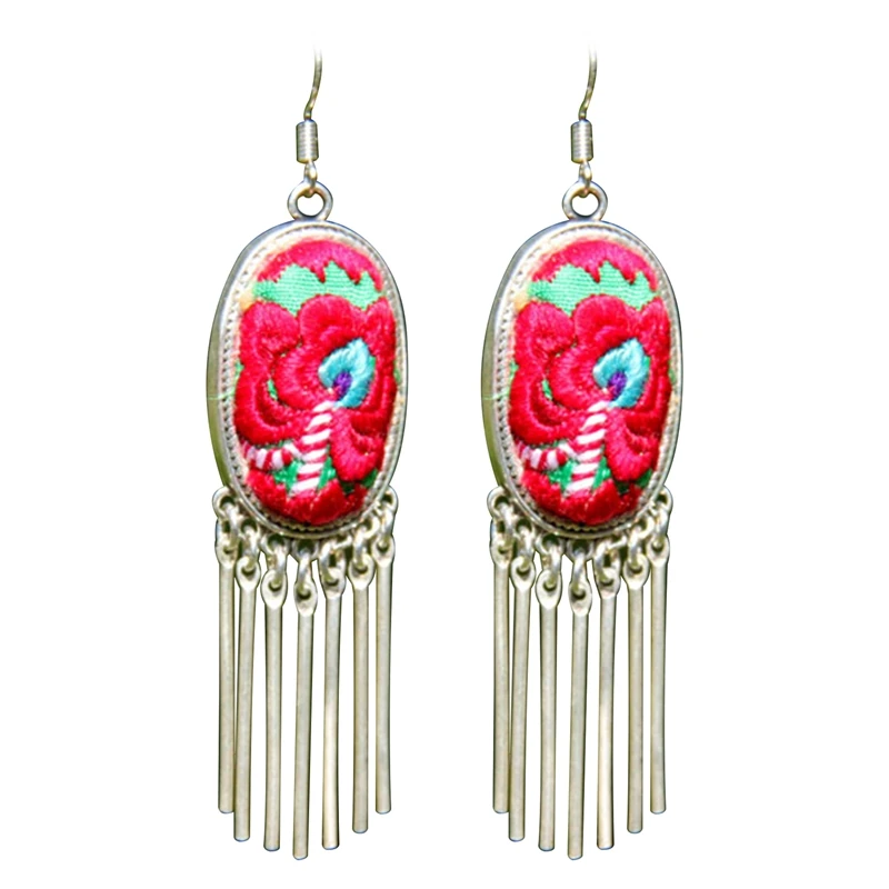 

Ethnic Retro Tassel Flower Hand-Embroidered Miao Silver Female Earrings Tribal Embroidery Jewelry Earrings