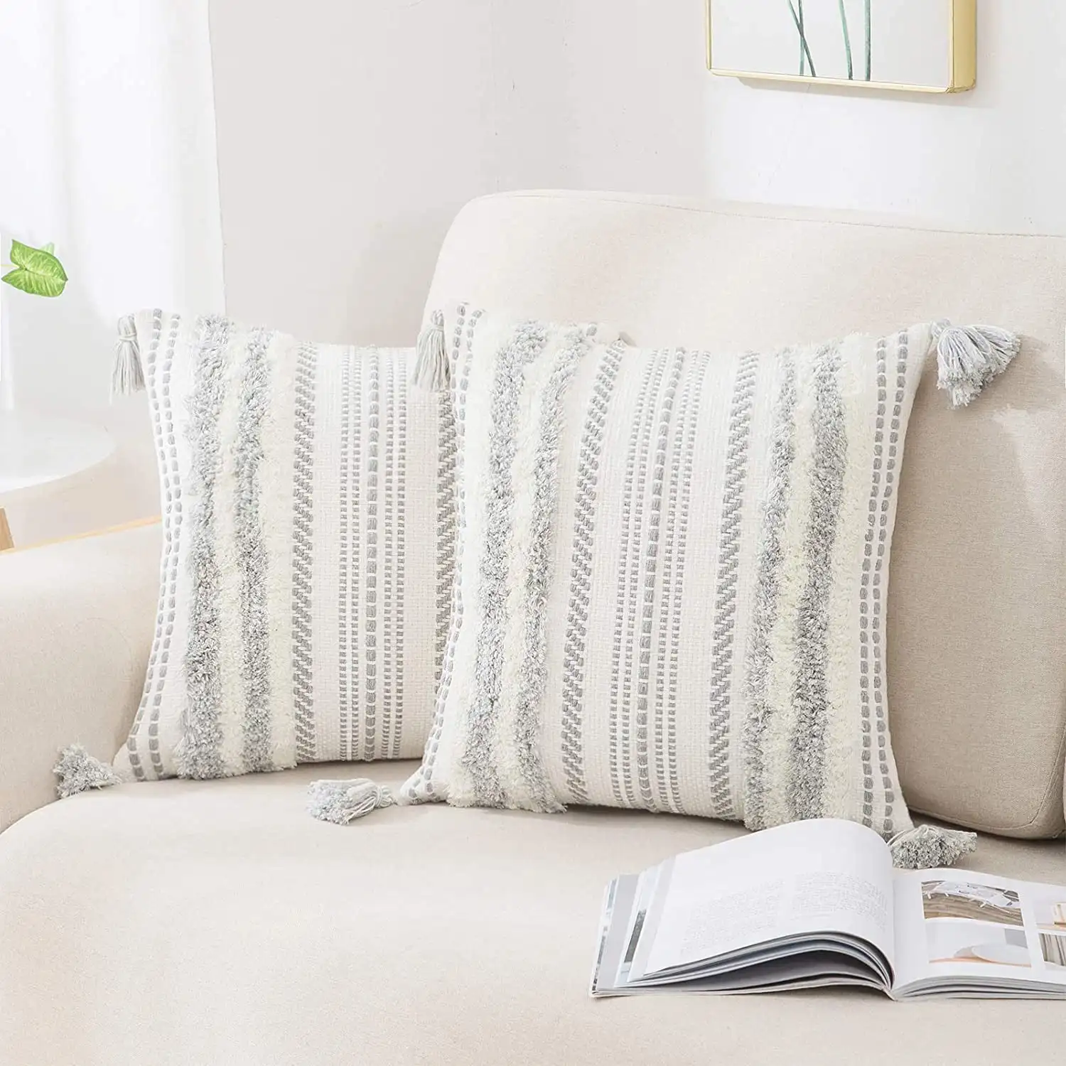 

2 Pack Boho Decorative Throw Pillow Covers Tufted Woven with Tassel Series Pillow Case, 18x18
