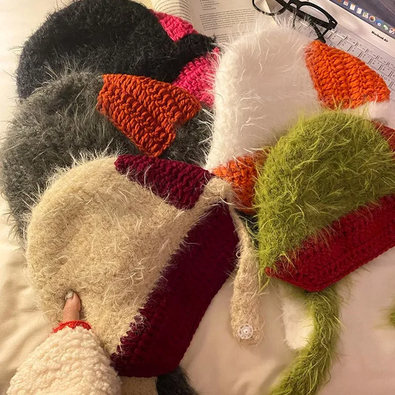 Корейская милая забавная цветная вязаная шерстяная шапка-бомбер женская