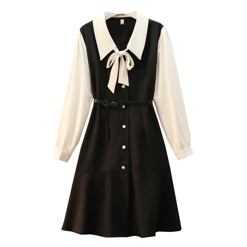 

Women Midi Shirt Dress Plus Size 4XL Bow Tie Long Sleeve A Line Elegant Spring Autumn Ruffles Streetwear Slim Black Mermaid Robe
